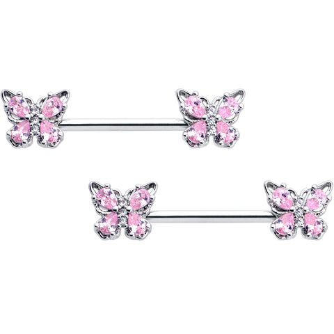 14G 9/16 Pink Gem Baroque Beauty Butterfly Barbell Nipple Ring Set