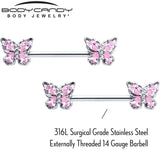 14G 9/16 Pink Gem Baroque Beauty Butterfly Barbell Nipple Ring Set