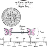 14G 9/16 Pink Gem Baroque Beauty Butterfly Barbell Nipple Ring Set