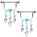 14G 9/16 Blue Gem Heart Triple Drop Dangle Nipple Ring Set