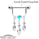 14G 9/16 Blue Gem Heart Triple Drop Dangle Nipple Ring Set