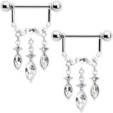 14G 9/16 Clear Gem Heart Triple Drop Dangle Nipple Ring Set