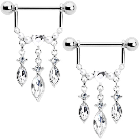 14G 9/16 Clear Gem Heart Triple Drop Dangle Nipple Ring Set