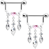 14G 9/16 Pink Gem Heart Triple Drop Dangle Nipple Ring Set