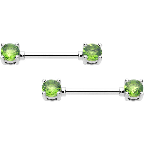 14G 9/16 Green CZ Gem August Birthstone Nipple Ring Set