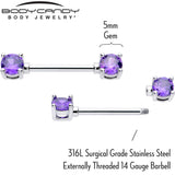 14G 9/16 Purple CZ Gem February Birthstone Nipple Ring Set