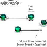 14G 9/16 Green CZ Gem May Birthstone Nipple Ring Set