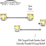 14G 9/16 Yellow CZ Gem November Birthstone Nipple Ring Set