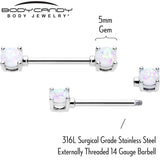 14G 9/16 White Faux Opal October Birthstone Nipple Ring Set