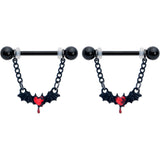 14G 9/16 Red Gem Black Bleeding Heart Bat Dangle Nipple Ring Set