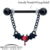 14G 9/16 Red Gem Black Bleeding Heart Bat Dangle Nipple Ring Set
