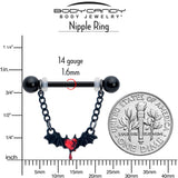 14G 9/16 Red Gem Black Bleeding Heart Bat Dangle Nipple Ring Set