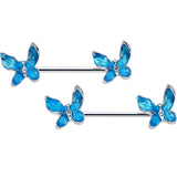 14G 9/16 Clear Gem Chunky Butterfly Blue Barbell Nipple Ring Set