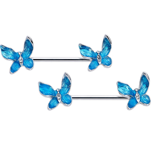 14G 9/16 Clear Gem Chunky Butterfly Blue Barbell Nipple Ring Set