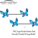 14G 9/16 Clear Gem Chunky Butterfly Blue Barbell Nipple Ring Set