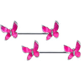 14G 9/16 Clear Gem Chunky Butterfly Pink Barbell Nipple Ring Set