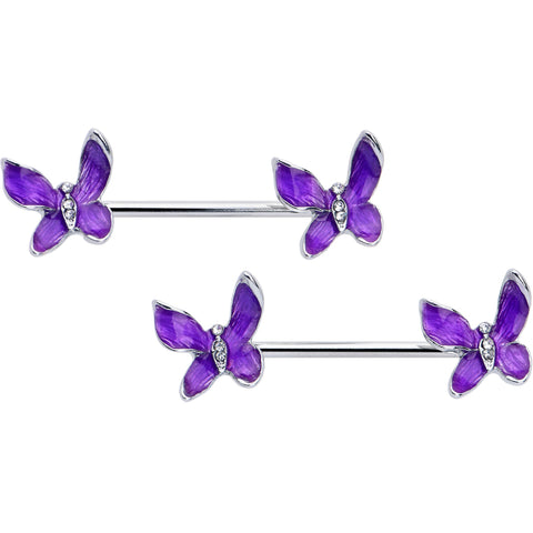 14G 9/16 Clear Gem Chunky Butterfly Purple Barbell Nipple Ring Set