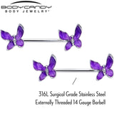 14G 9/16 Clear Gem Chunky Butterfly Purple Barbell Nipple Ring Set