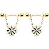 14G 9/16 Green Gem Gold Tone Flower Wreath Dangle Nipple Ring Set