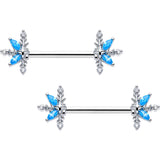 14G 9/16 Blue CZ Gem Classic Flower Barbell Nipple Ring Set