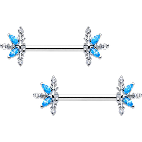 14G 9/16 Blue CZ Gem Classic Flower Barbell Nipple Ring Set