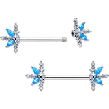 14G 9/16 Blue CZ Gem Classic Flower Barbell Nipple Ring Set