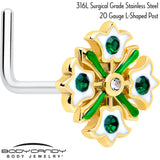 20G 7mm Green Gem Flower Wreath L Shape Nose Ring