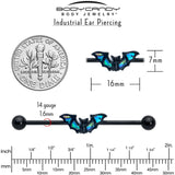 14G Black Bat in Blue Industrial Barbell 38mm
