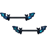 14G 9/16 Black Bats in Blue Barbell Nipple Ring Set