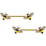 14G 3/4 Clear CZ Gem Gold Tone Bee Luv Barbell Nipple Ring Set