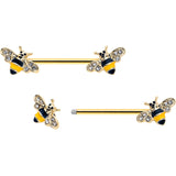 14G 3/4 Clear CZ Gem Gold Tone Bee Luv Barbell Nipple Ring Set