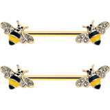 14G 3/4 Clear CZ Gem Gold Tone Bee Luv Barbell Nipple Ring Set