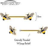 14G 3/4 Clear CZ Gem Gold Tone Bee Luv Barbell Nipple Ring Set