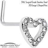 20G 7mm Clear Gem Hollow Paved Heart L Shape Nose Ring