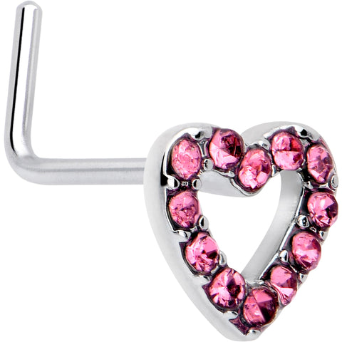 20G 7mm Pink Gem Hollow Paved Heart L Shape Nose Ring