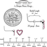 20G 7mm Pink Gem Hollow Paved Heart L Shape Nose Ring