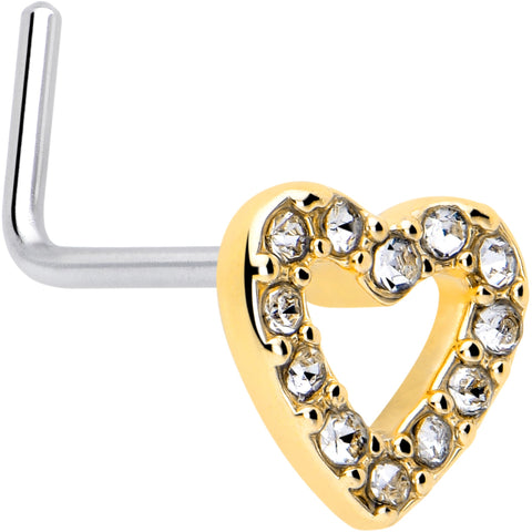 20G 7mm Clear Gem Golden Hollow Paved Heart L Shape Nose Ring