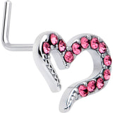 20G 7mm Pink Gem Stylized Heart L Shape Nose Ring