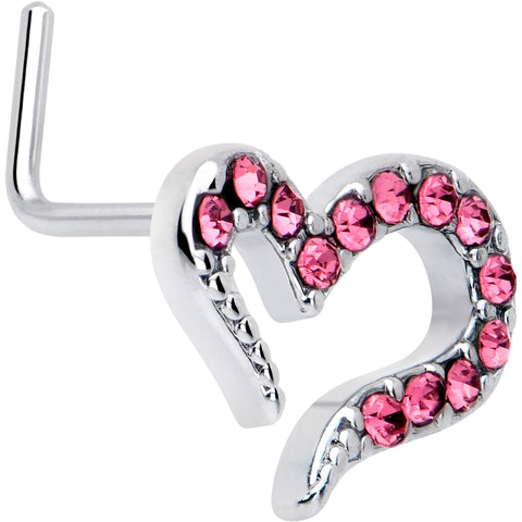 20G 7mm Pink Gem Stylized Heart L Shape Nose Ring