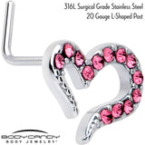 20G 7mm Pink Gem Stylized Heart L Shape Nose Ring