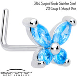 20G 7mm Blue CZ Gem Open Wing Butterfly L Shape Nose Ring