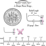 20G 7mm Pink CZ Gem Open Wing Butterfly L Shape Nose Ring