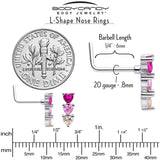 20G 7mm Red Pink CZ Gem Stacked Heart Trio L Shape Nose Ring