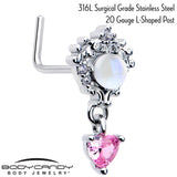 20G 7mm Pink CZ Gem Heart Mystique Dangle L Shape Nose Ring