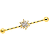 14G Clear CZ Gem Gold Tone Glam Snowflake Industrial Barbell 38mm