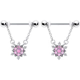 14G 9/16 Pink CZ Gem Glam Snowflake Chain Dangle Nipple Ring Set
