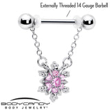 14G 9/16 Pink CZ Gem Glam Snowflake Chain Dangle Nipple Ring Set