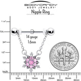 14G 9/16 Pink CZ Gem Glam Snowflake Chain Dangle Nipple Ring Set