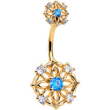 Blue CZ Gem Gold Tone Flower Ring Double Mount Belly Ring