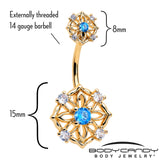 Blue CZ Gem Gold Tone Flower Ring Double Mount Belly Ring